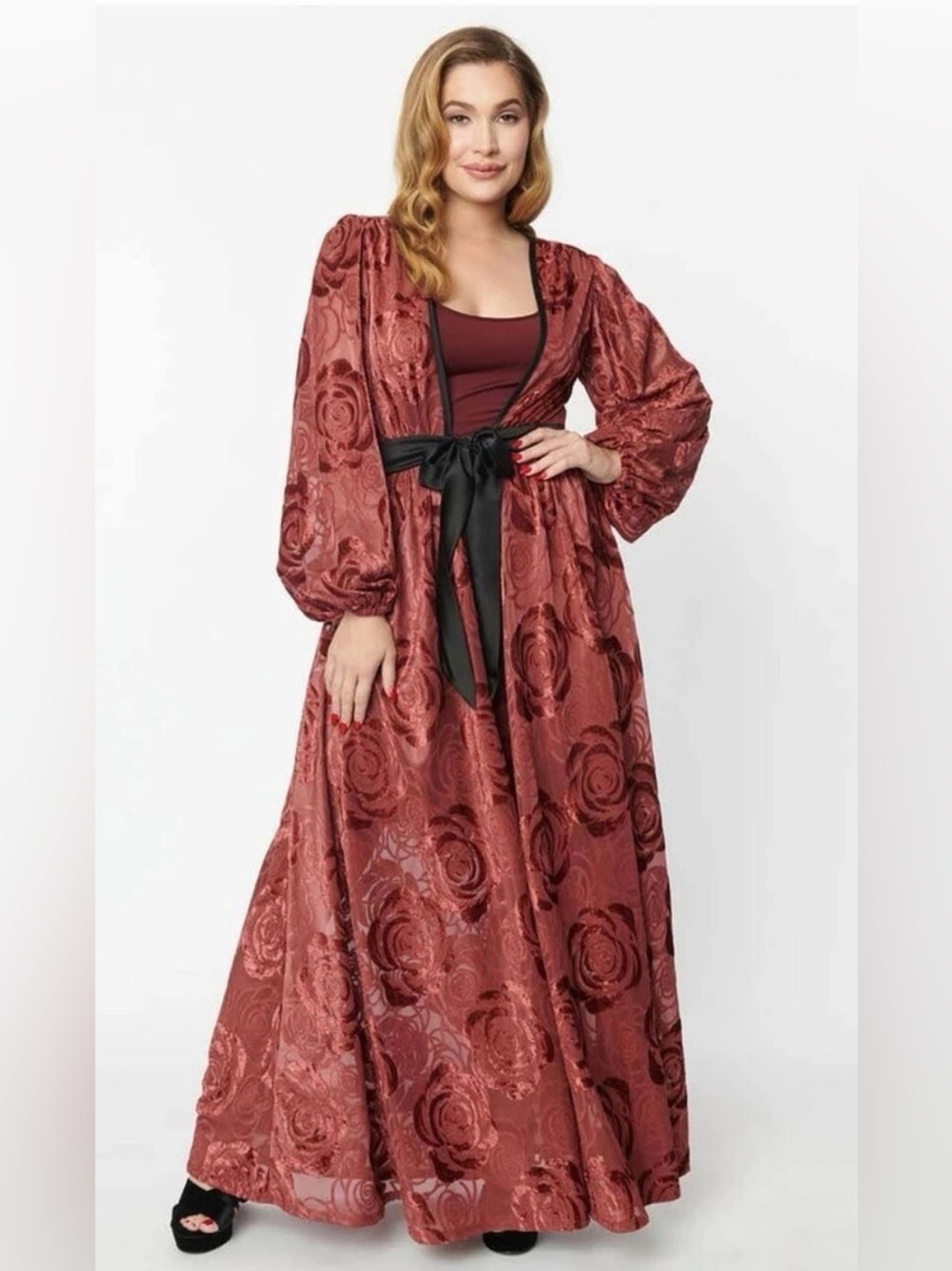 Long Floral Rose Velvet Duster Robe with Satin Tie - Burgundy